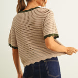 Scalloped Mesh Knit Short Sleeve Top - Tan/Olive
