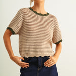 Scalloped mesh knit short sleeve top in tan with olive trim styled with casual outfit