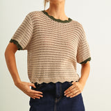 Scalloped mesh knit short sleeve top in tan with olive trim styled with casual outfit