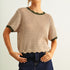 Scalloped mesh knit short sleeve top in tan with olive trim styled with casual outfit