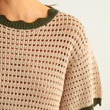 Close-up of breathable mesh knit texture on tan cotton short sleeve top with olive trim