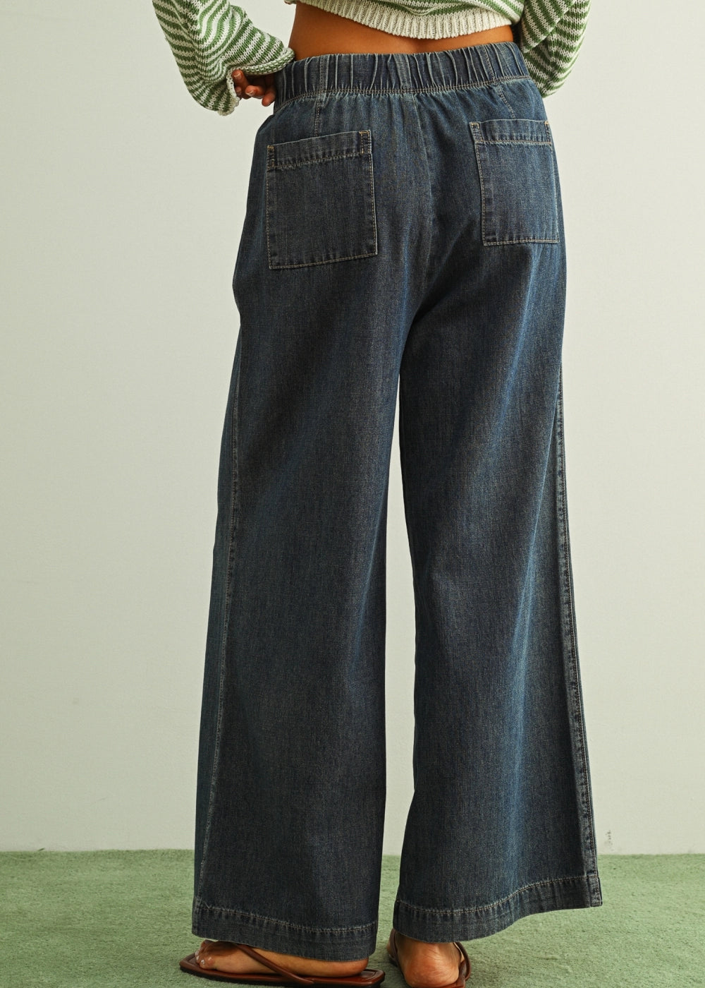 Scout Lightweight Pull-On Wide Leg Jeans in denim, back view with elastic waistband and back patch pockets