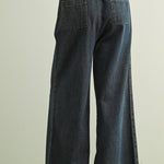 Scout Lightweight Pull-On Wide Leg Jeans in denim, back view with elastic waistband and back patch pockets