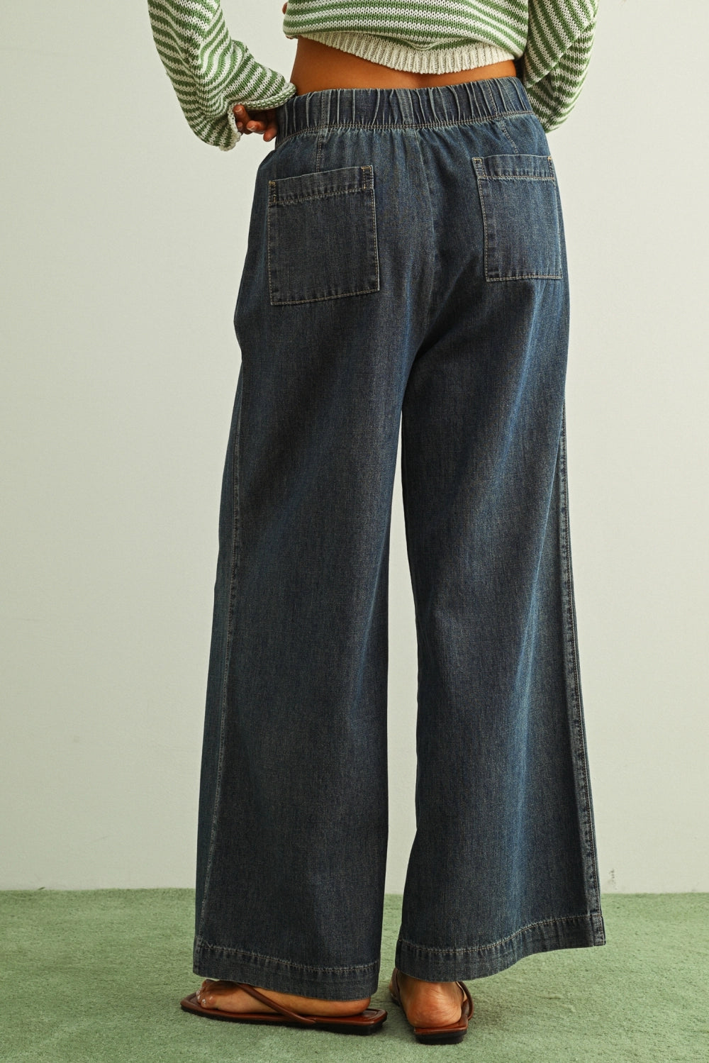 Scout Lightweight Pull-On Wide Leg Jeans in denim, back view with elastic waistband and back patch pockets