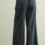Scout Lightweight Pull-On Wide Leg Jeans in denim, back view with elastic waistband and back patch pockets