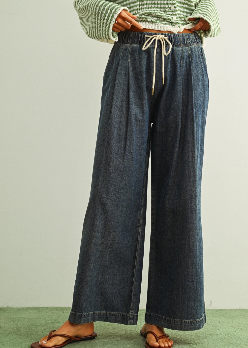 Scout Lightweight Pull-On Wide Leg Jeans in denim, front view with elastic waistband, drawstring tie, and wide leg fit