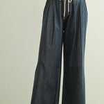 Scout Lightweight Pull-On Wide Leg Jeans in denim, front view with elastic waistband, drawstring tie, and wide leg fit
