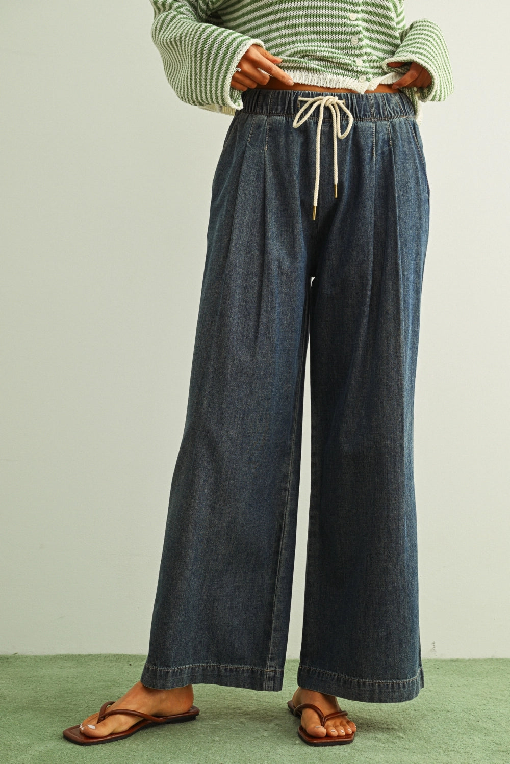 Scout Lightweight Pull-On Wide Leg Jeans in denim, front view with elastic waistband, drawstring tie, and wide leg fit