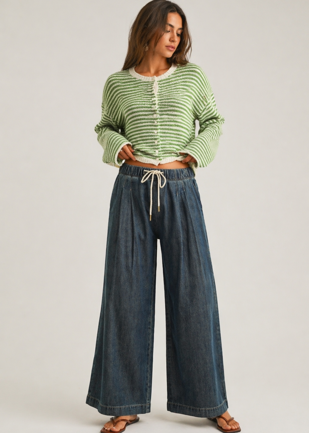 Scout Lightweight Pull-On Wide Leg Jeans in denim styled in a full outfit, front view