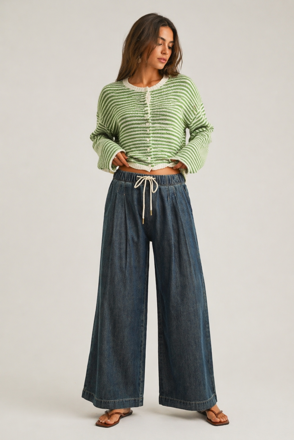 Scout Lightweight Pull-On Wide Leg Jeans in denim styled in a full outfit, front view