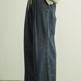 Scout Lightweight Pull-On Wide Leg Jeans in denim, side view showing soft lightweight fabric, front pleats, and relaxed wide leg silhouette