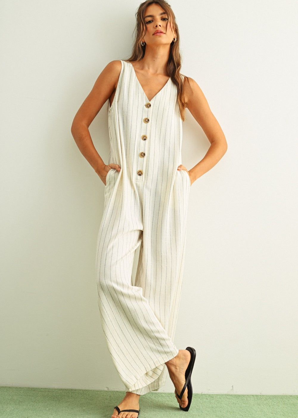 Sienna Striped Button-Front Jumpsuit - Cream/Black