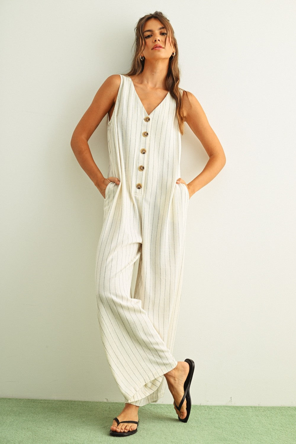 Sienna Striped Button-Front Jumpsuit - Cream/Black