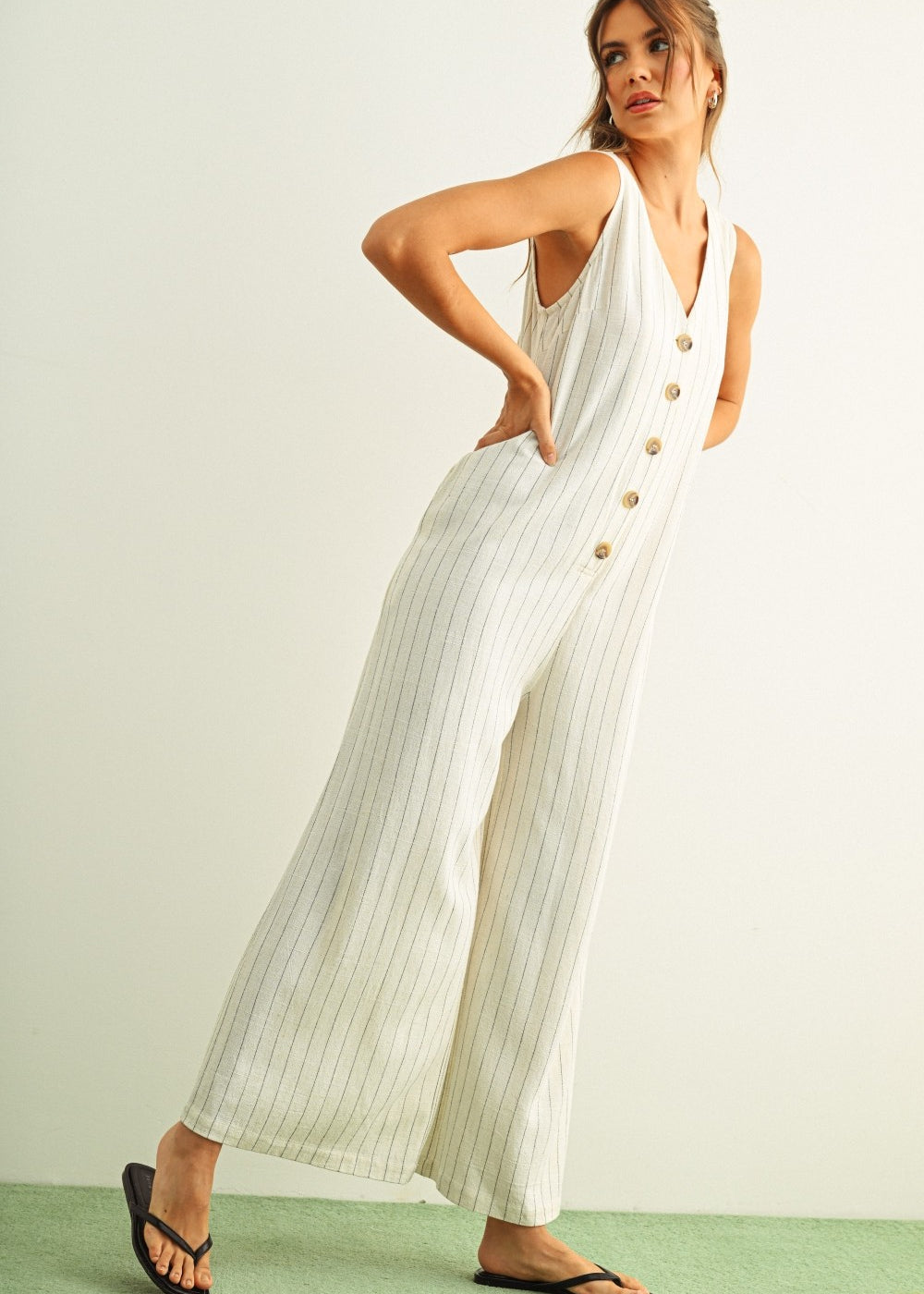 Sienna Striped Button-Front Jumpsuit - Cream/Black