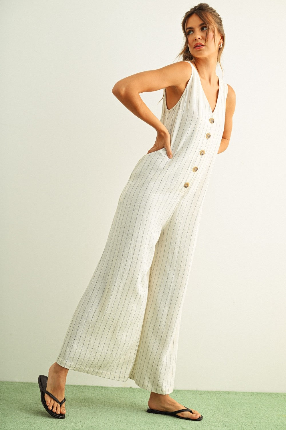 Sienna Striped Button-Front Jumpsuit - Cream/Black