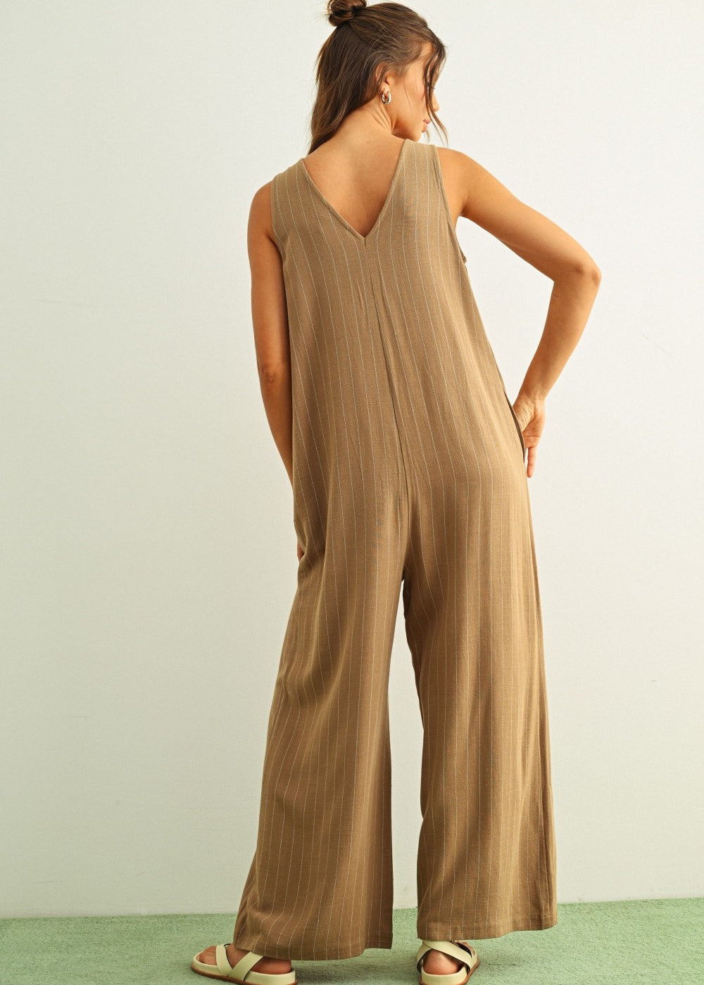 Sienna Striped Button-Front Jumpsuit - Mocha/Cream