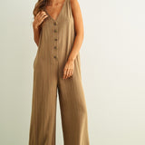 Sienna Striped Button-Front Jumpsuit - Mocha/Cream