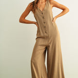 Sienna Striped Button-Front Jumpsuit - Mocha/Cream
