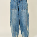 Silverton drawstring barrel jeans in medium wash, front view with oversized patch pockets