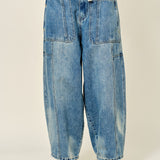 Silverton drawstring barrel jeans in medium wash, front view with oversized patch pockets