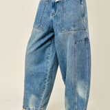 Silverton drawstring barrel jeans in medium wash, side view showing balloon leg shape