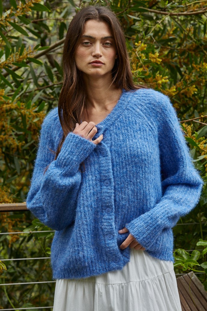 Model wearing the Skyline Crew Neck Button Cardigan in cobalt blue, front view, relaxed fit