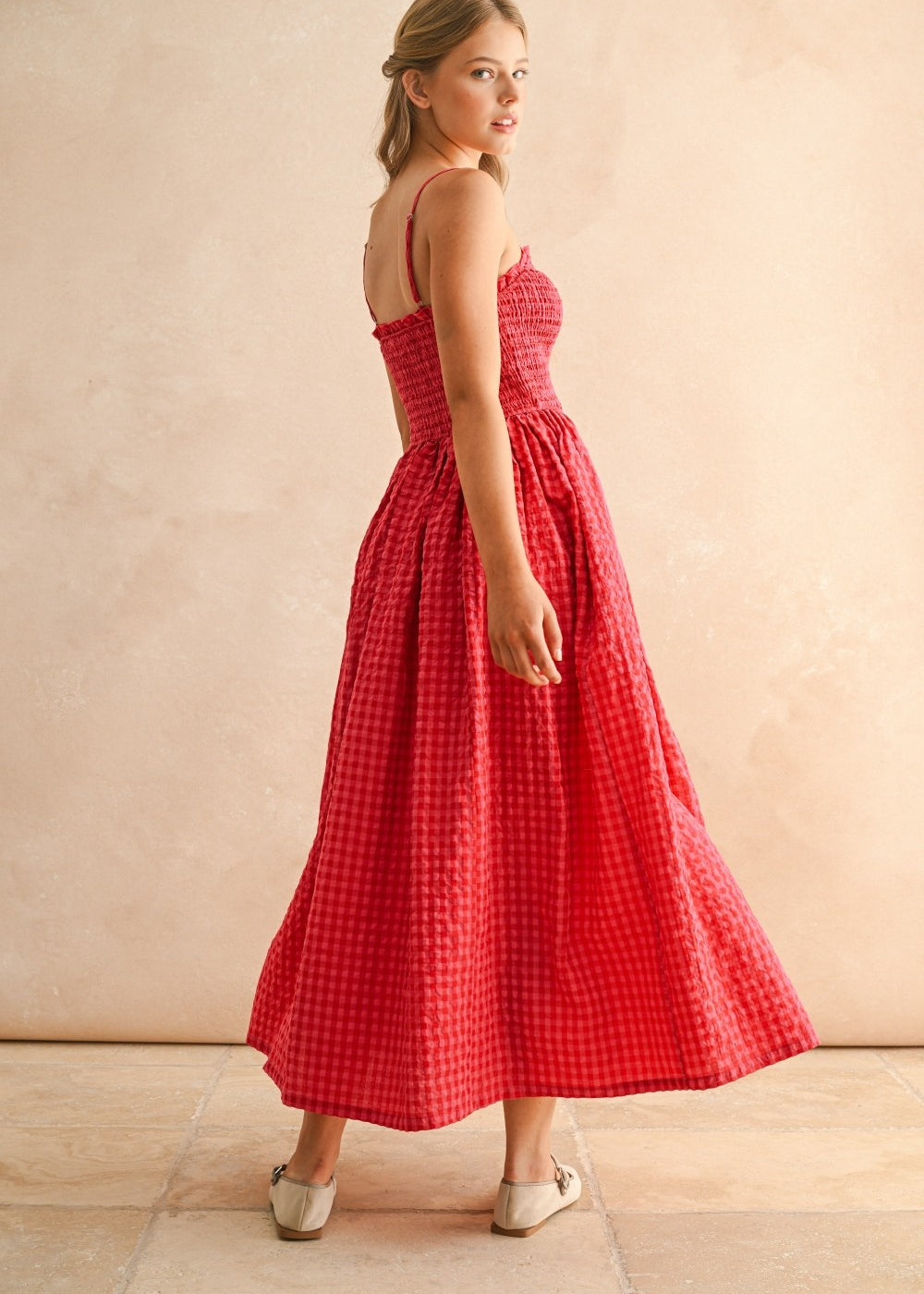 Back view of Smocked Cotton Gingham Maxi Dress in Cherry