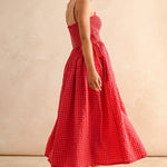Back view of Smocked Cotton Gingham Maxi Dress in Cherry