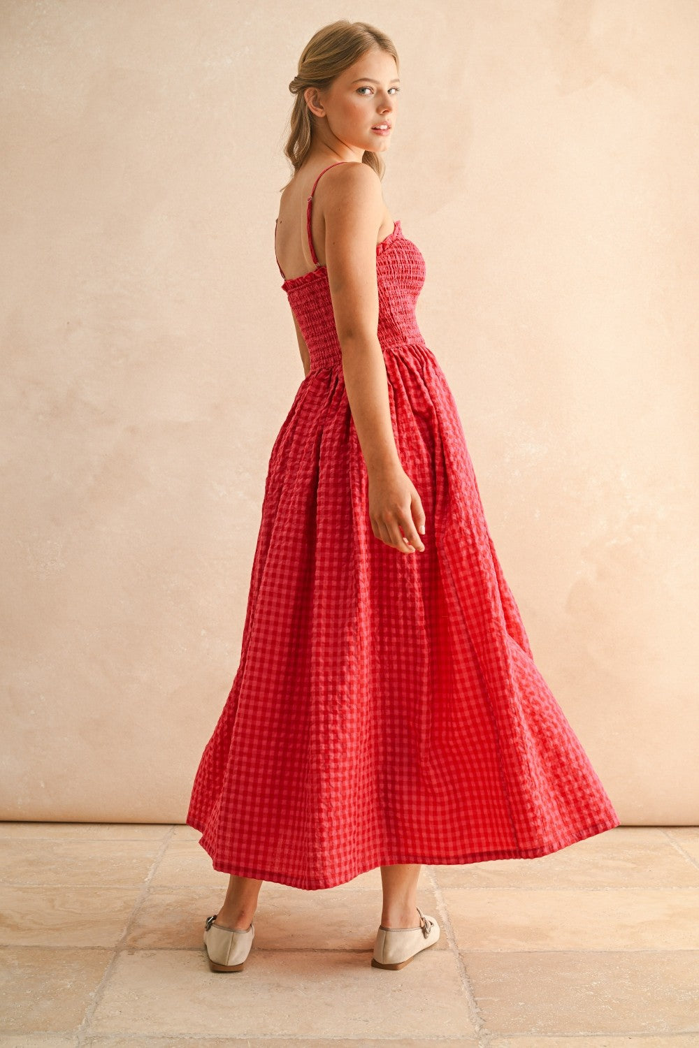 Back view of Smocked Cotton Gingham Maxi Dress in Cherry