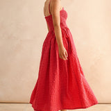 Back view of Smocked Cotton Gingham Maxi Dress in Cherry