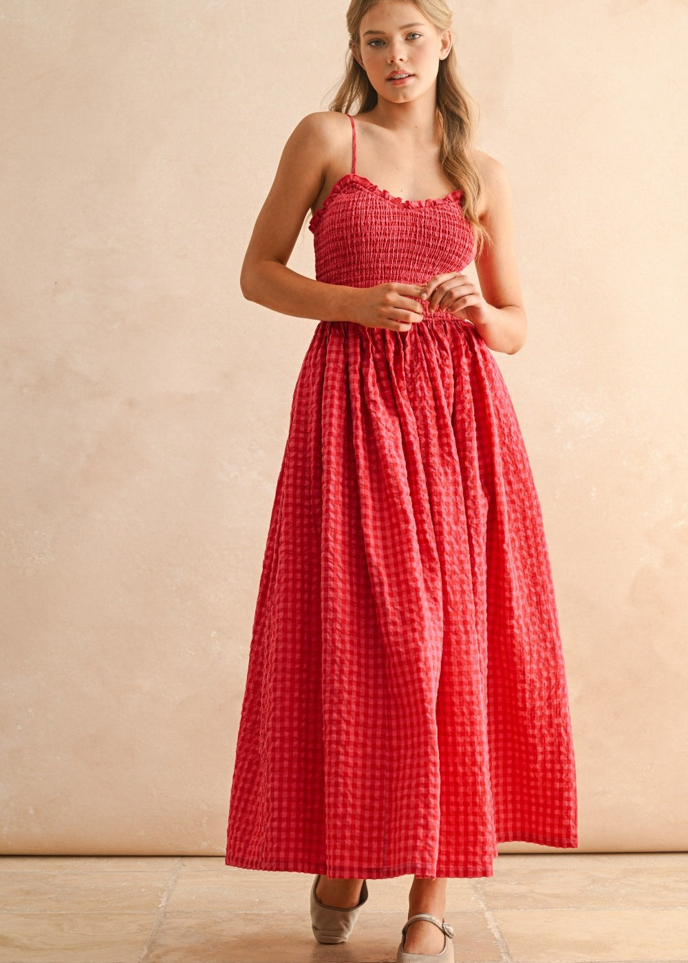 Smocked Cotton Gingham Maxi Dress in Cherry gingham, front view