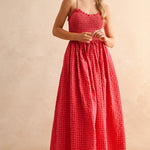 Smocked Cotton Gingham Maxi Dress in Cherry gingham, front view