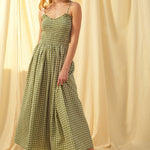 Smocked cotton gingham maxi dress in green with spaghetti straps and flowing skirt