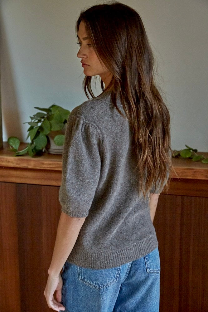 Back view of soft balloon sleeve short sleeve sweater in dark mocha