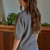 Back view of soft balloon sleeve short sleeve sweater in dark mocha
