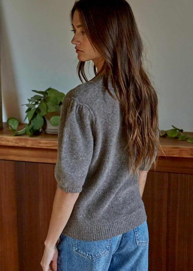 Back view of soft balloon sleeve short sleeve sweater in dark mocha