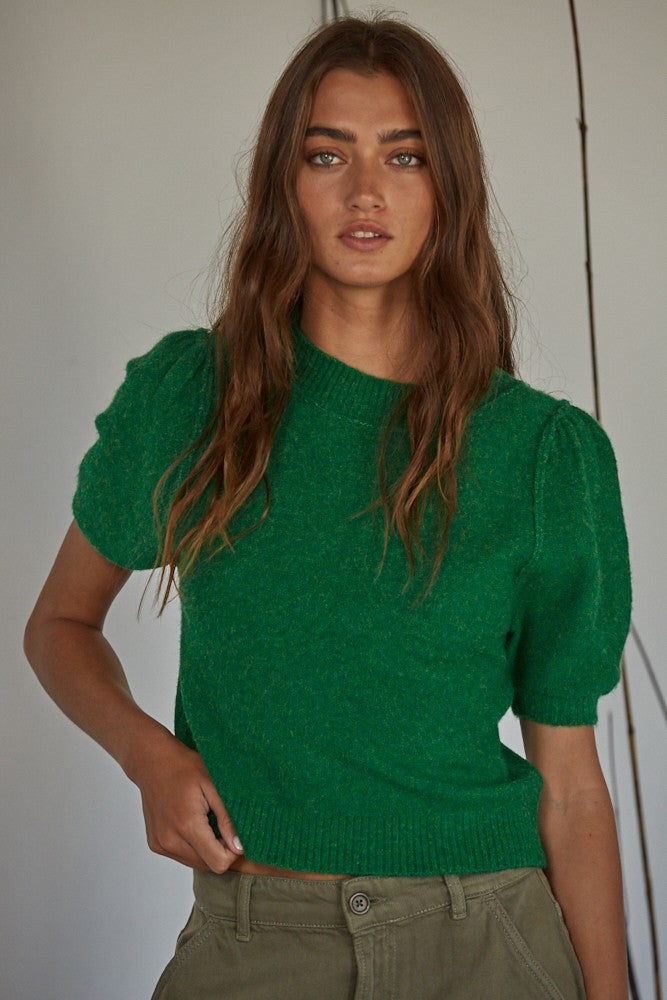Soft balloon sleeve short sleeve sweater in kelly green with lightweight knit fabric