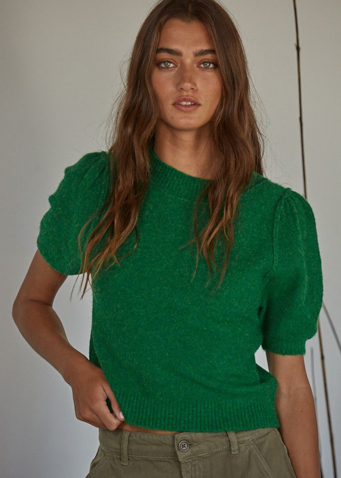 Soft balloon sleeve short sleeve sweater in kelly green with lightweight knit fabric
