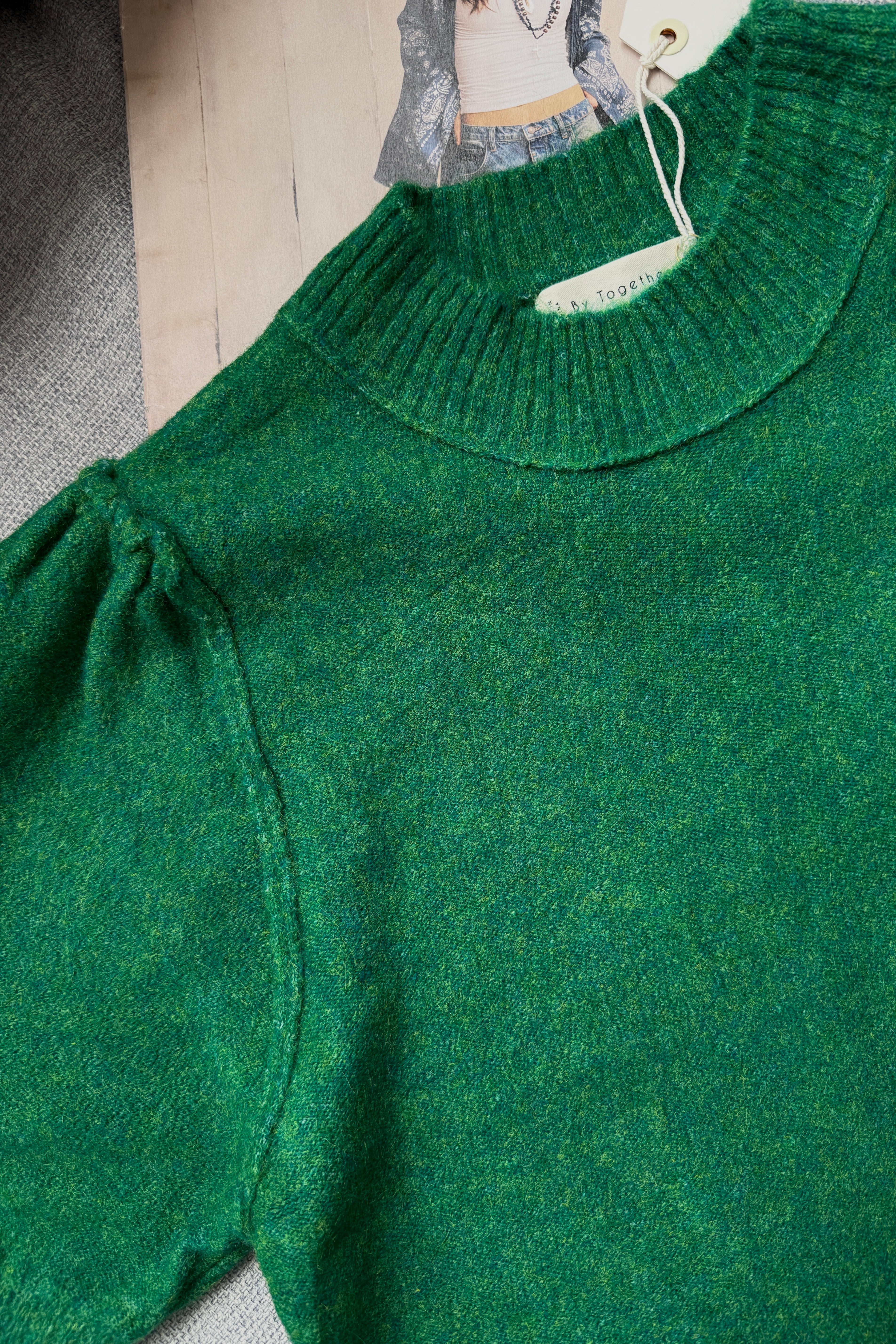 Balloon sleeve detail on soft short sleeve sweater in kelly green