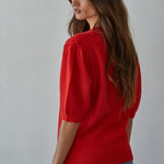 Back view of the Soft Balloon Sleeve Short Sleeve Sweater in red, relaxed fit