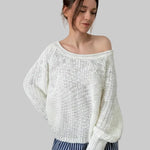 SoftSpun textured boatneck sweater in cream, front view with relaxed fit and airy knit