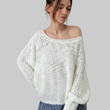 SoftSpun textured boatneck sweater in cream, front view with relaxed fit and airy knit