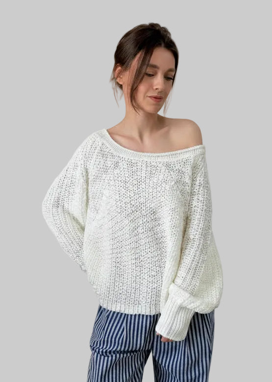 SoftSpun textured boatneck sweater in cream, front view with relaxed fit and airy knit