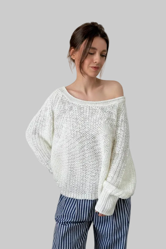 SoftSpun textured boatneck sweater in cream, front view with relaxed fit and airy knit