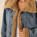 Close-up of sherpa collar and denim texture on teddy-lined jacket — warm and stylish women’s outerwear.