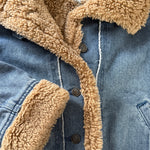 Close-up of sherpa collar and denim texture on teddy-lined jacket — outerwear.