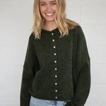 Things Between Piper Cardigan in hunter green, front view