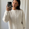 Things Between Piper Cardigan in Mini Striped Cream styled with blue jeans in mirror selfie