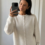 Things Between Piper Cardigan in Mini Striped Cream styled with blue jeans in mirror selfie