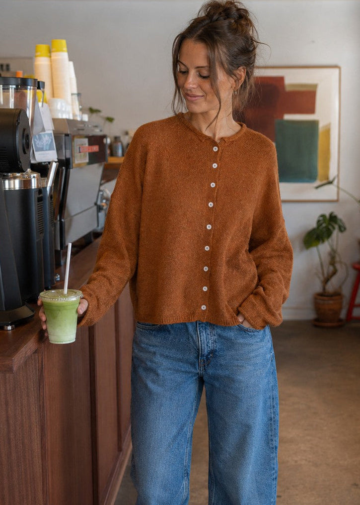 Things Between Piper Cardigan in Rust styled for a casual café outfit